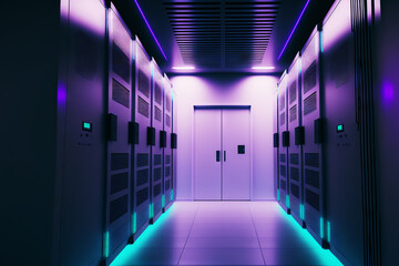 Dark servers data center room with computers and storage systems and purple blue glowing elements. Generative AI Imagery