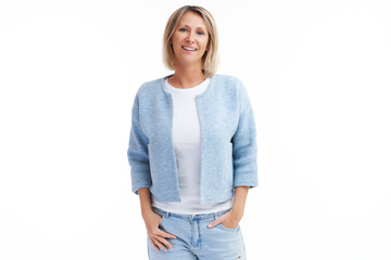 Obraz premium Picture of blonde woman over back isolated background
