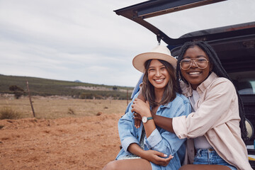 Happy, smile and portrait of friends on road trip in countryside for freedom, vacation and summer...