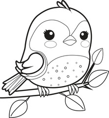 Cute Bird cartoon. Black and white lines. Animal  Coloring page for kids. Activity Book. 
