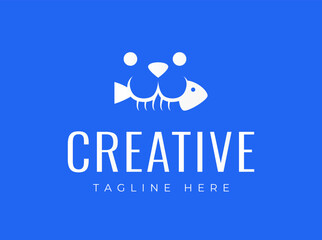 Cat Food Shop Logo Design. Cat Bites Fish Bones.