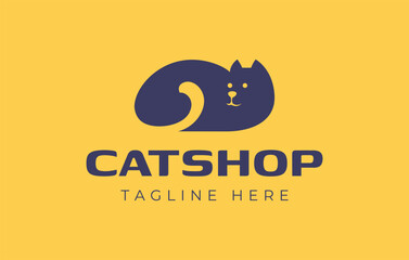 Cat Shop Logo Design. Cute Cat In the Silhouette.