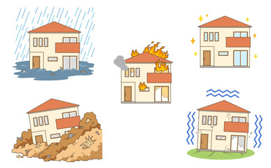 ツートンカラーのおしゃれな家の天災など様々な場面のイラストセット