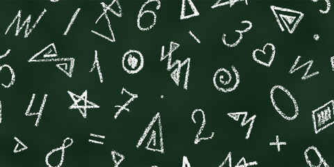 Seamless Pattern of White Chalk Drawn Sketches Numbers on Green Chalkboard.