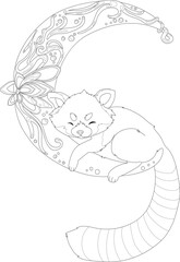 Cute firefox sleeping on mandala moon sketch template. Cartoon graphic vector illustration in black and white for games, background, pattern, decor. Children`s story book, fairytail, coloring paper