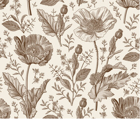 Seamless pattern. Beautiful blooming realistic isolated flowers. Vintage background fabric. Poppy Poppies wildflowers set. Wallpaper baroque. Drawing engraving sketch Vector victorian illustration © Наталья Лобенко