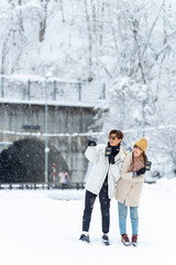 Asian couple holding passport during travel small village and forest mountain covered in snow...