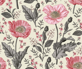 Seamless pattern. Beautiful blooming realistic isolated flowers. Vintage background fabric. Poppy Poppies wildflowers set. Wallpaper baroque. Drawing engraving sketch Vector victorian illustration © Наталья Лобенко