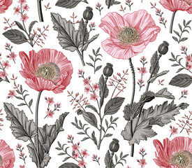 Seamless pattern. Beautiful blooming realistic isolated flowers. Vintage background fabric. Poppy Poppies wildflowers set. Wallpaper baroque. Drawing engraving sketch Vector victorian illustration © Наталья Лобенко