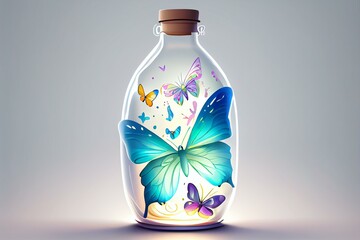butterfly in the bottle, mystic beautiful bottle, luminous, white background, cartoon style AI Generated