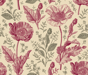 Seamless pattern. Beautiful blooming realistic isolated flowers. Vintage background fabric. Poppy Poppies wildflowers set. Wallpaper baroque. Drawing engraving sketch Vector victorian illustration © Наталья Лобенко