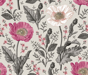 Seamless pattern. Beautiful blooming realistic isolated flowers. Vintage background fabric. Poppy Poppies wildflowers set. Wallpaper baroque. Drawing engraving sketch Vector victorian illustration © Наталья Лобенко