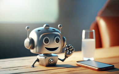 Robot chat with mobile phone on desk - 572584944