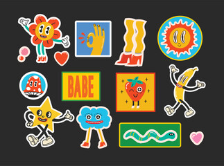 70's groovy illustrations for poster, sticker. Retro print with hippie cute crazy characters. Funky character concepts of crazy stars, dripping emoticon. Only good vibes sentence