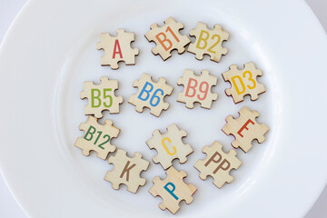 Set of puzzles on plate with 13 essential vitamins with multicolored inscriptions icons. Complex A, B1, B2, B5, B6, B9, B12, C, D3, E, K, P, PP. The concept of healthy eating and health care