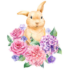 Easter bunny decorated with flowers on an isolated white background, watercolor illustration, cute rabbit, hand drawn