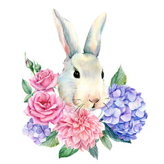 Rabbit with flowers on an isolated white background, watercolor illustration, flora hand drawn