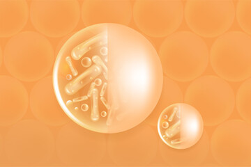 Probiotic and Hyaluronic acid skin solutions ad, gold collagen, and vitamin serum drop with cosmetic advertising background ready to use illustration vector.