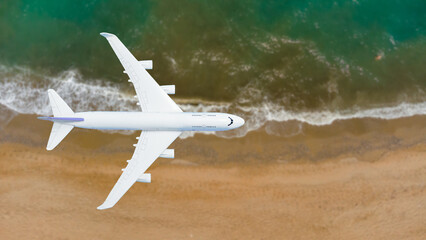 Airplane flying over beach with palm tree, white sand and turquoise ocean