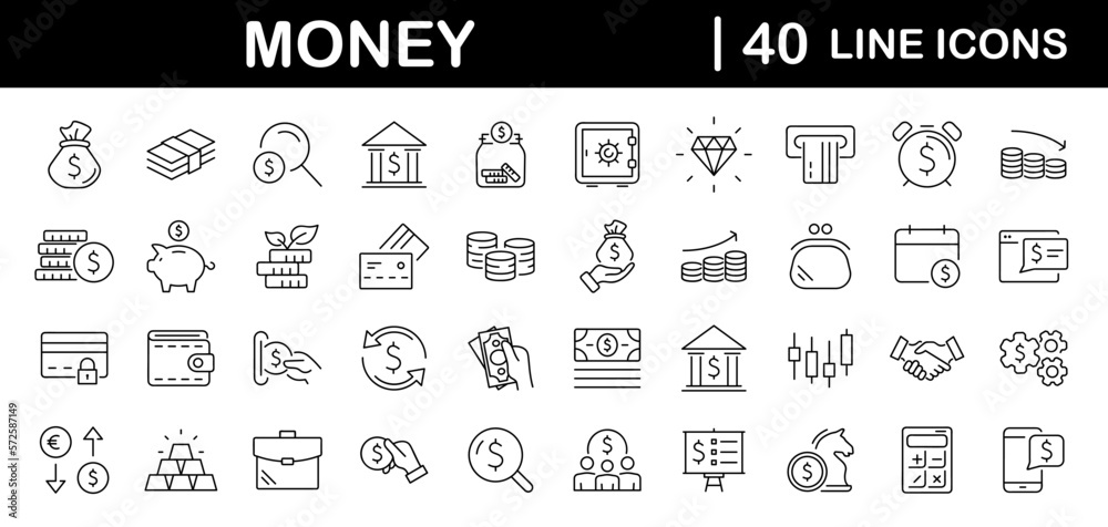 Poster money and finance set of web icons in line style. payment and money icons for web and mobile app. mo
