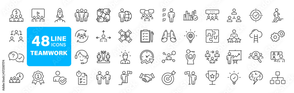 Poster Team work set of web icons in line style. Teamwork and business cooperation icons for web and mobile app. Partnership, synergy, interaction, management, collaboration, meeting, workplace and more.
