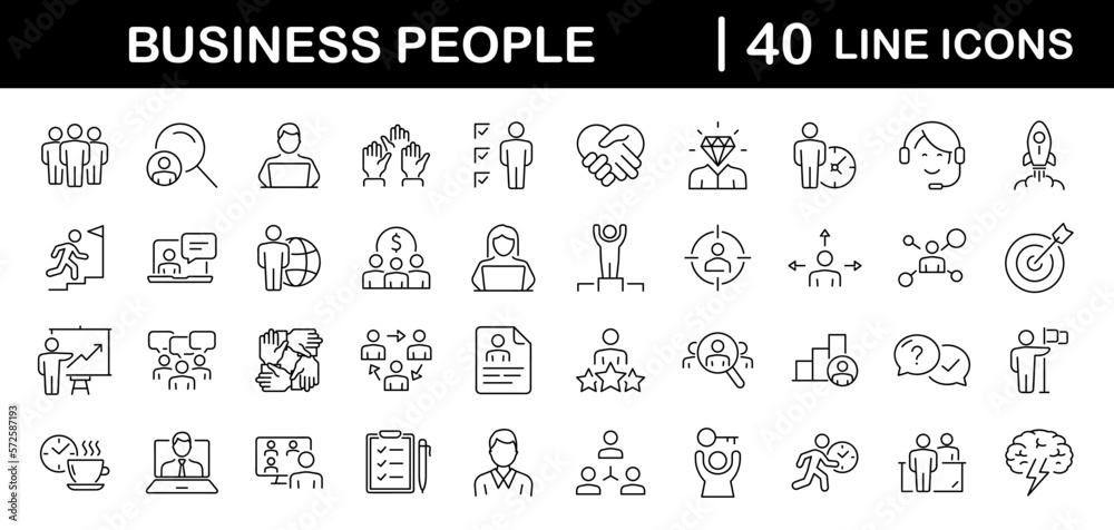 Poster Business People set of web icons in line style. Teamwork in business management icons for web and mobile app. Business meeting, handshake, agreement, human resources, office management, workplace team