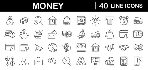 Fototapeta na wymiar Money and finance set of web icons in line style. Payment and money icons for web and mobile app. Money, dollar, cash, pay, banking, business, finance, coin wallet, credit card. Vector illustration