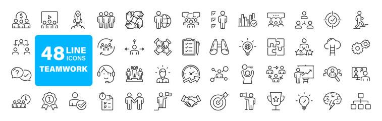 Obraz na płótnie Canvas Team work set of web icons in line style. Teamwork and business cooperation icons for web and mobile app. Partnership, synergy, interaction, management, collaboration, meeting, workplace and more.