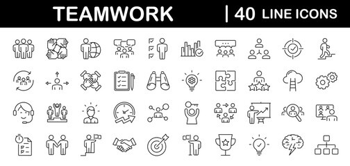 Fototapeta na wymiar Team work set of web icons in line style. Teamwork and business cooperation icons for web and mobile app. Partnership, synergy, interaction, management, collaboration, meeting, workplace and more.