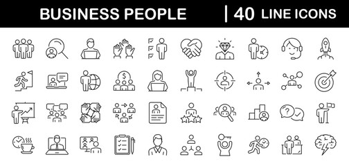 Fototapeta na wymiar Business People set of web icons in line style. Teamwork in business management icons for web and mobile app. Business meeting, handshake, agreement, human resources, office management, workplace team