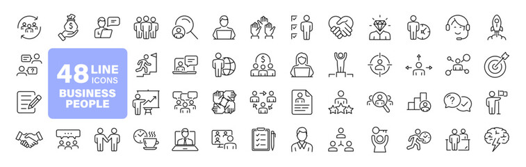 Business People set of web icons in line style. Teamwork in business management icons for web and mobile app. Business meeting, handshake, agreement, human resources, office management, workplace team