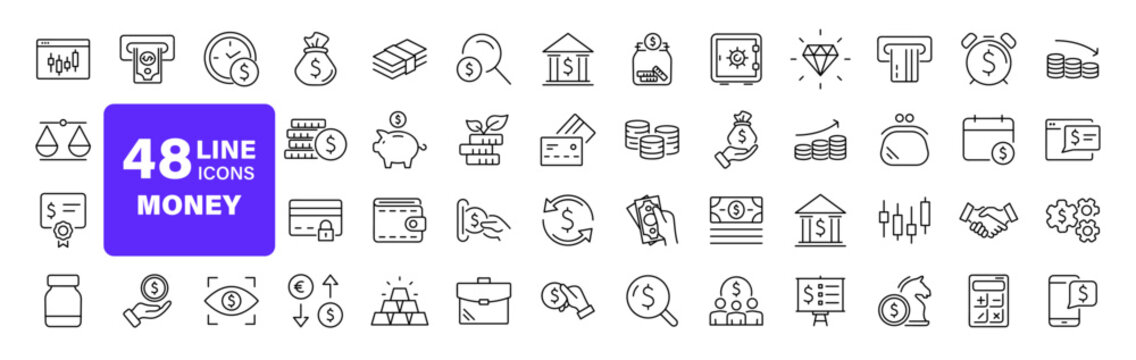 Money and finance set of web icons in line style. Payment and money icons for web and mobile app. Money, dollar, cash, pay, banking, business, finance, coin wallet, credit card. Vector illustration