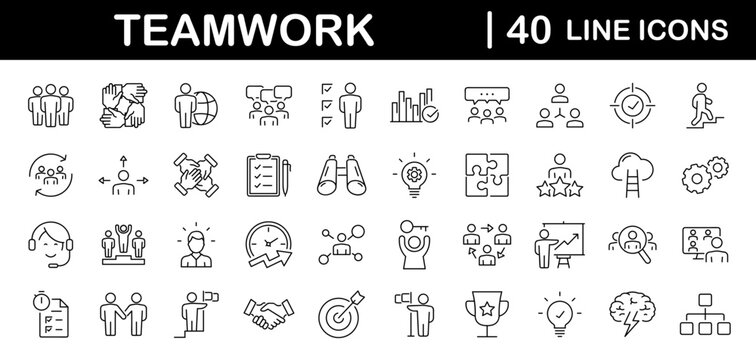 Team work set of web icons in line style. Teamwork and business cooperation icons for web and mobile app. Partnership, synergy, interaction, management, collaboration, meeting, workplace and more.