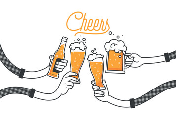 Four hands holding four beer bottles. Clinking glasses in plaid shirt. Party celebration in a pub. Isolated vector illustration of four drunk person drinking beer on white background. Cheers mate.