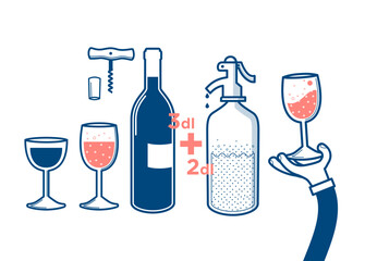 Flat vector illustration of drinking wine and soda water, cheers, clinking glasses, party, cork-screw