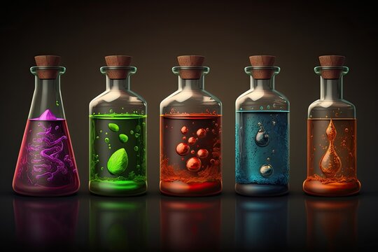 Flasks with colored chemical liquid. Generative ai