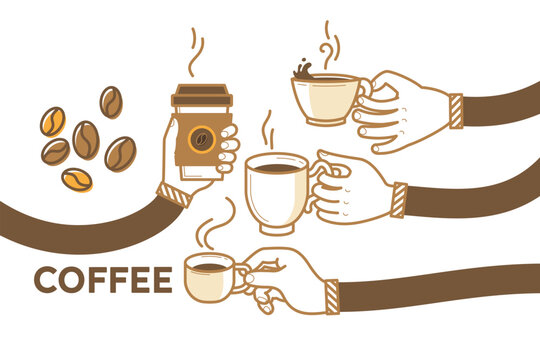 Drink coffee with friends vector illustration. Brew, cappuccino, espresso, beans. Have a break and human hands with a cup os hot coffee. Flat retro style. Enjoy your free time. Good morning.
