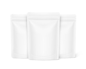 Blank stand up pouch bag with zipper mockup set. Vector illustration isolated on white background. Front view. Realistic mockup will perfectly convey the benefits of your product. EPS10.	