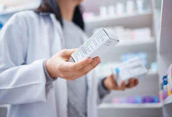 Healthcare, pharmacy and hands of pharmacist with medicine, pills and medication for medical prescription. Wellness, pharmaceutical service and woman or doctor with drugs, supplements and product box