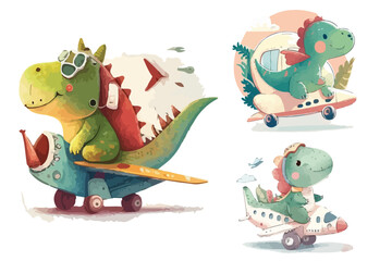 Fototapeta na wymiar cute doodle dinosaur riding a plane with watercolor illustration