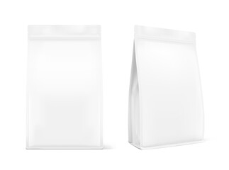 Realistic food bags mockup. Vector illustration isolated on white background.  Front, half side view. Can be use for template your design, presentation, promo, ad. EPS 10.	