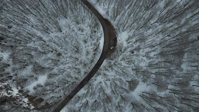 Aerial view of a serpentine road crossing a forest in wintertime with snow on Mount Terminio, Serino, Avellino, Irpinia, Campania, Italy.