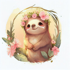 Cute sloth wearing flower crown, watercolor illustration of whimsical baby sloth animal character in floral wreath of tropical bloom blossoms and leaves. laid-back and relaxed lifestyle in nature
