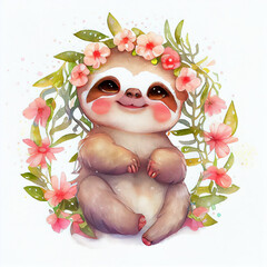 Adorable baby sloth character adorned with floral wreath portrait watercolor illustration. Delightful design in gentle hues of cute animal with lovely face in floral crown. Tropical nature, fauna, zoo