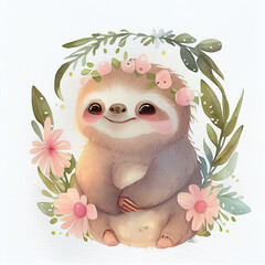Lovely sloth baby character watercolor illustration. Sweet design in muted pastel colors for kids t-shirt print, books, wall sticker. Zoo nature, wild animals or relaxation theme with kawaii sloth - obrazy, fototapety, plakaty