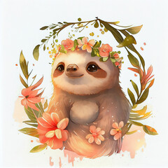 Kawaii sloth watercolor boho style Illustration. Cute baby sloth animal character in crown of flowers inside of floral wreath isolated on white.Wildlife zoo print or wall sticker in soft paint hues
