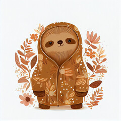 Cute sloth in coat, cartoon jungle animal character wear hooded overcoat with floral print. Watercolor boho muted colors illustration isolated on white background. Print for t-shirt or poster design