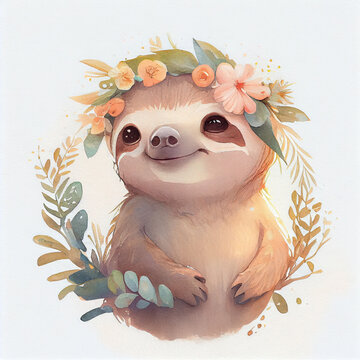 Cute kawaii sloth baby or cub in flowers crown. Watercolor darling tropical animal character in soft hues for nature, wildlife, or tranquil way of life concepts. Print, sticker or book illustration