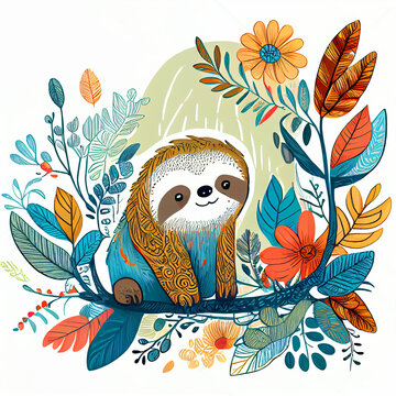 Kawaii sloth boho style doodle Illustration. Cute baby sloth animal character sitting on tree branch with leaves and flowers on floral background. Colorful kid design, wildlife zoo print, wall sticker