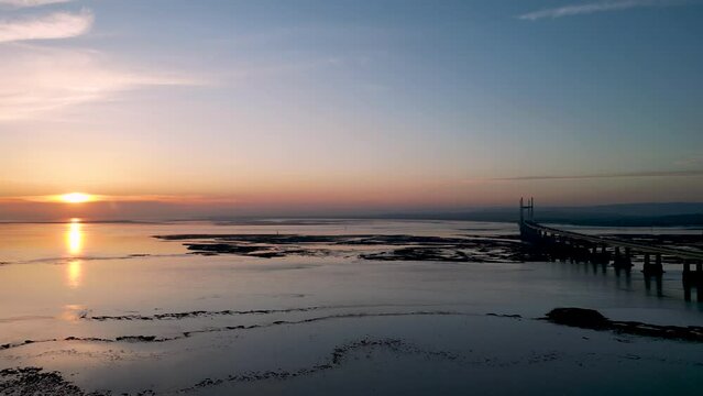 4k drone footage of the Severn Bridge at sunset in Gloucestershire, UK